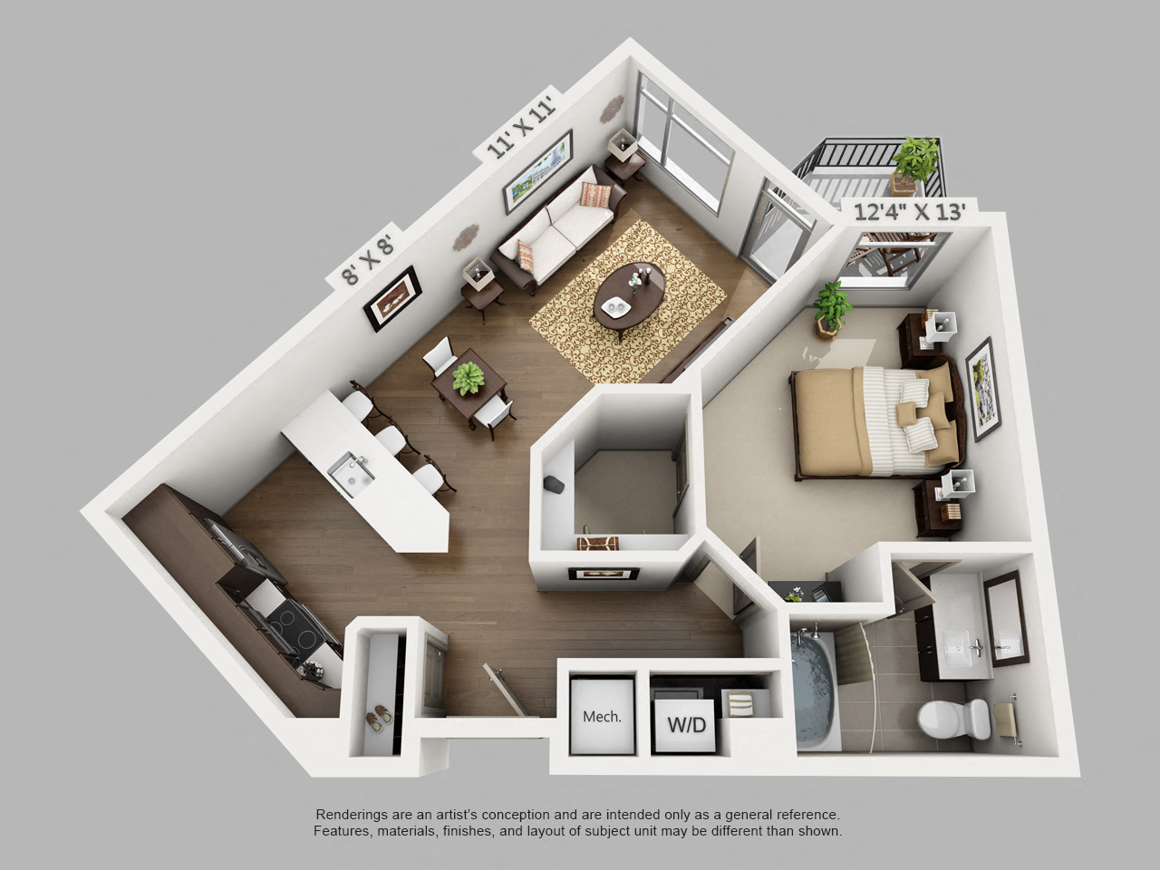Floor plan for 1 bed, 1 bath, 741 sqft